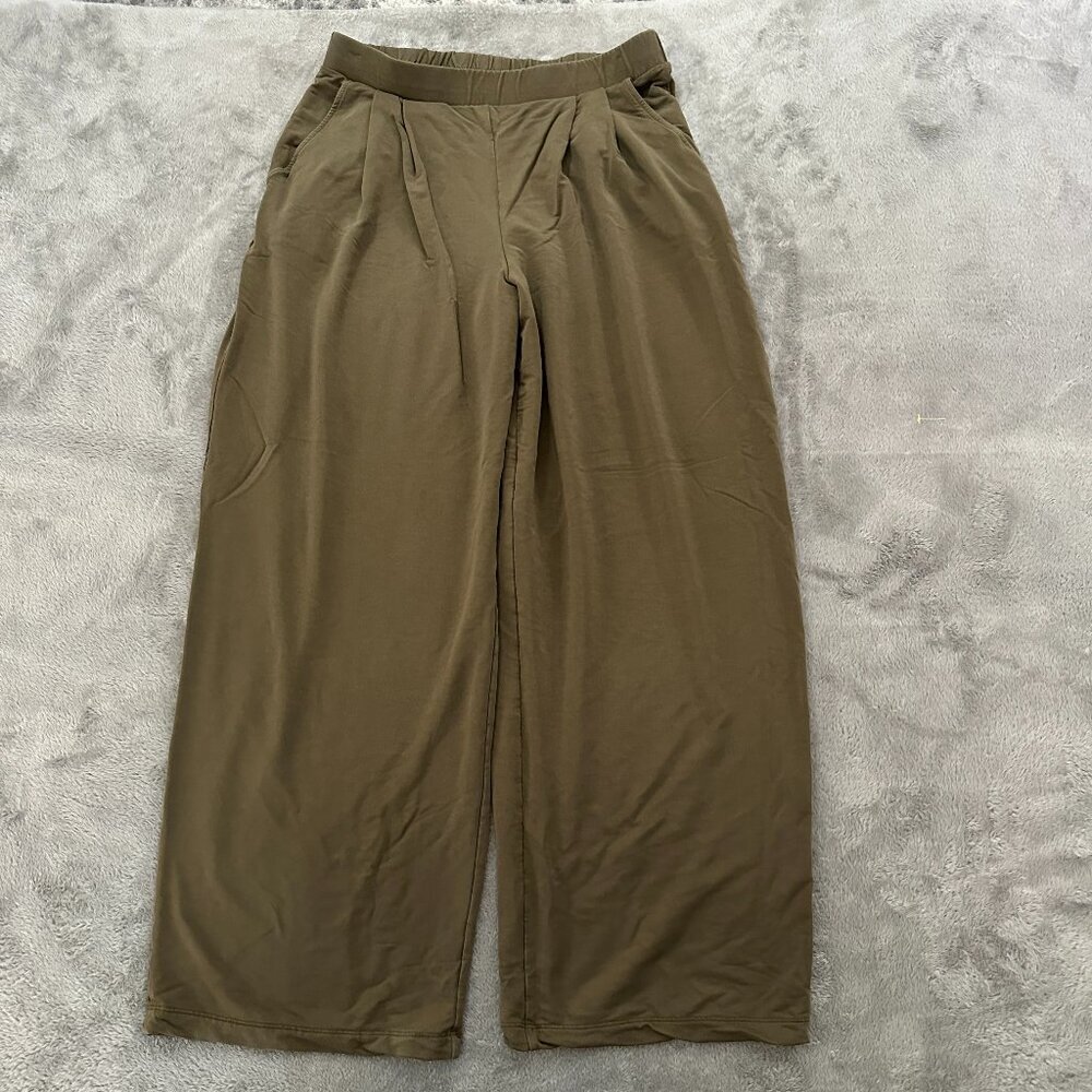 Garnet Hill Pull On Pleated Wide Leg Olive Green Pants Women's SMALL Tencel